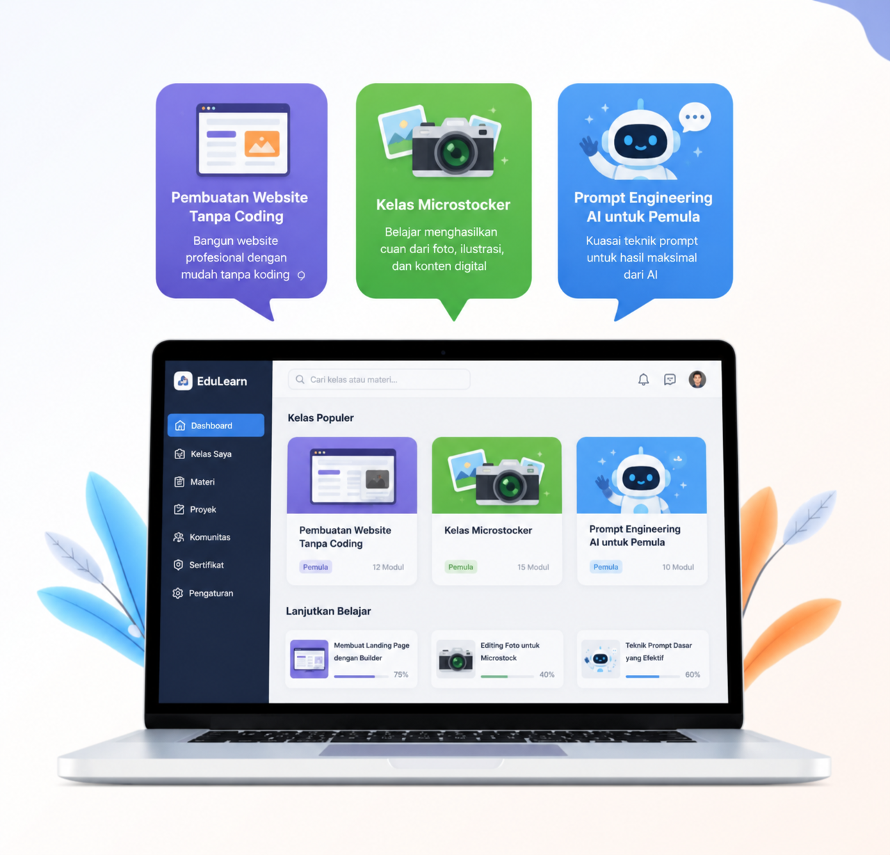 Mockup laptop menampilkan website, AI, dan aset digital